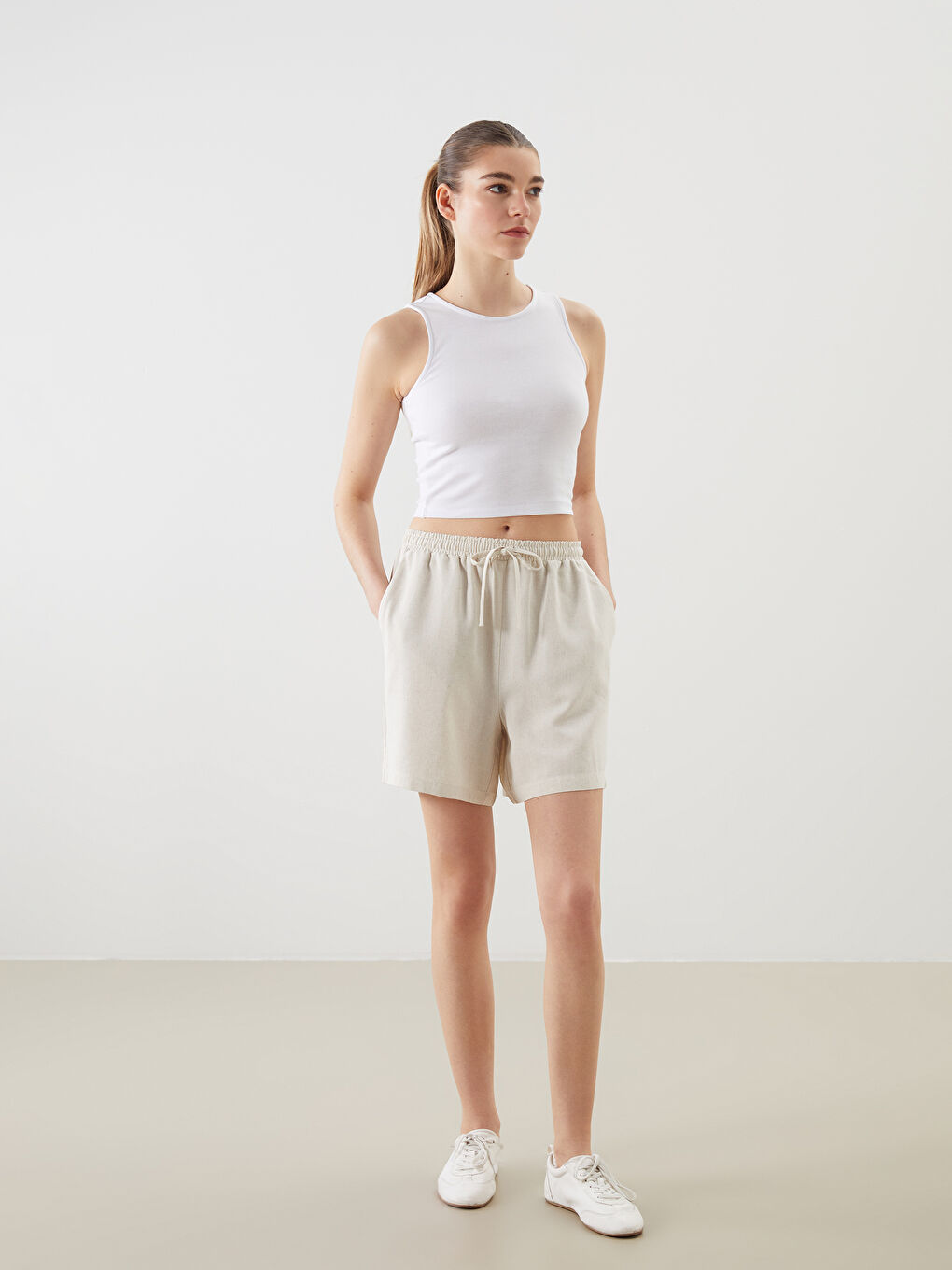 XSIDE Plain Linen Blend Women's Shorts with Elastic Waist -S5JF28Z8-Z4R