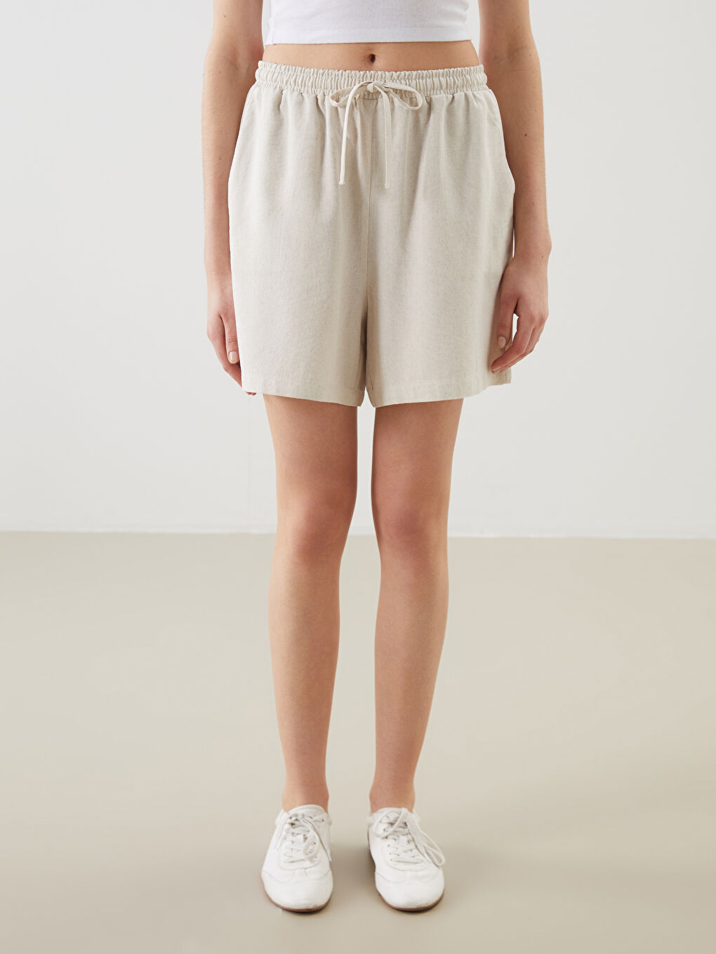 XSIDE Plain Linen Blend Women's Shorts with Elastic Waist -S5JF28Z8-Z4R