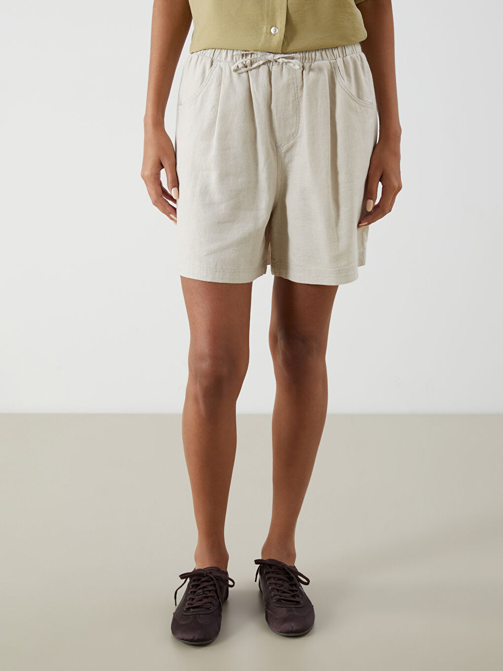 XSIDE Plain Linen Blend Women's Shorts with Elastic Waist -S5JF28Z8-Z4R