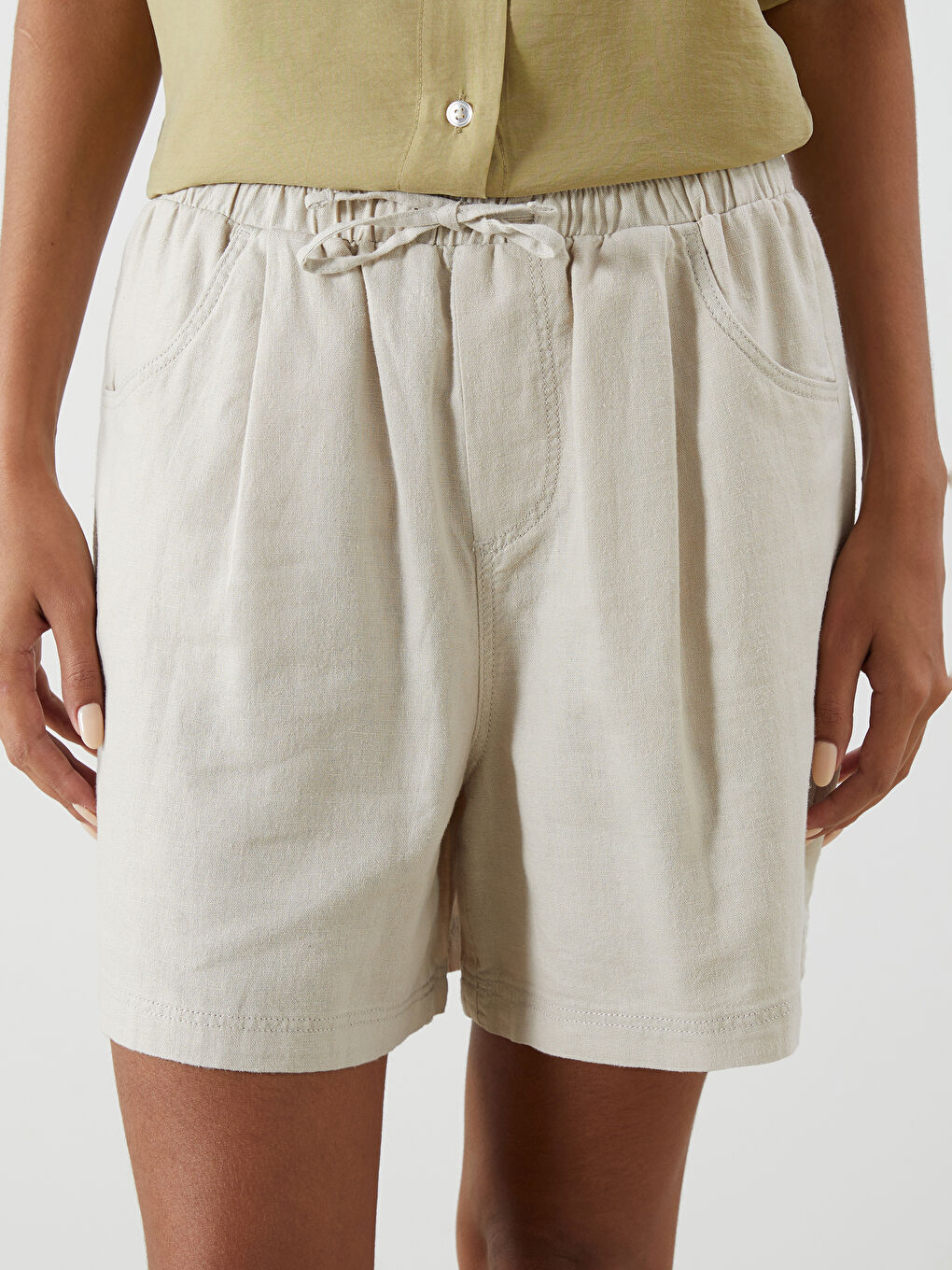 XSIDE Plain Linen Blend Women's Shorts with Elastic Waist -S5JF28Z8-Z4R