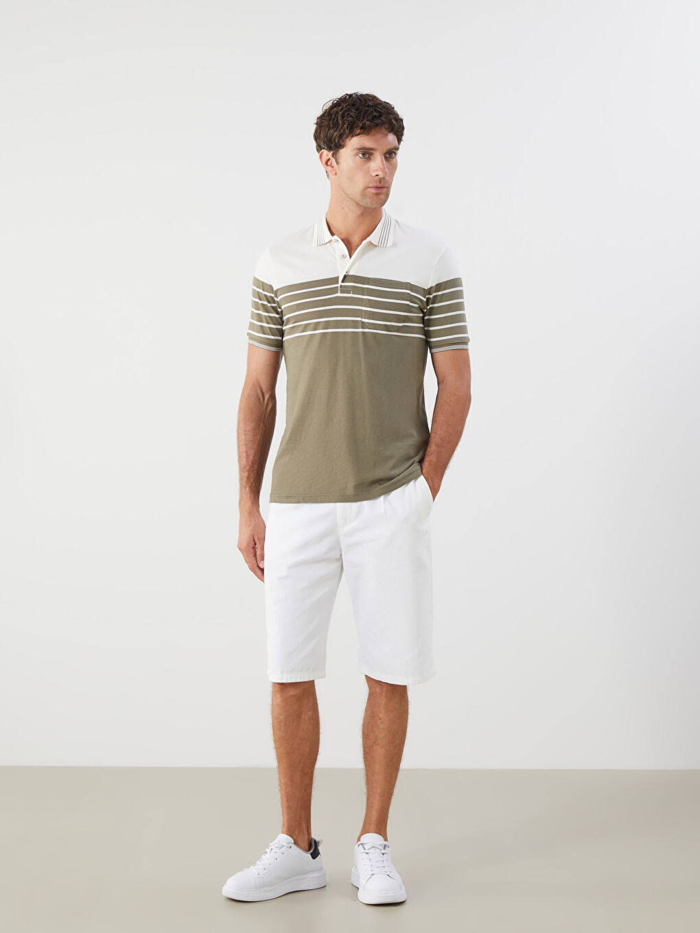 Haki Polo Yaka Çizgili Penye Erkek Tişört-1