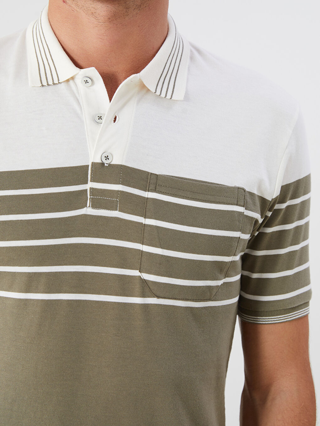 Haki Polo Yaka Çizgili Penye Erkek Tişört-2