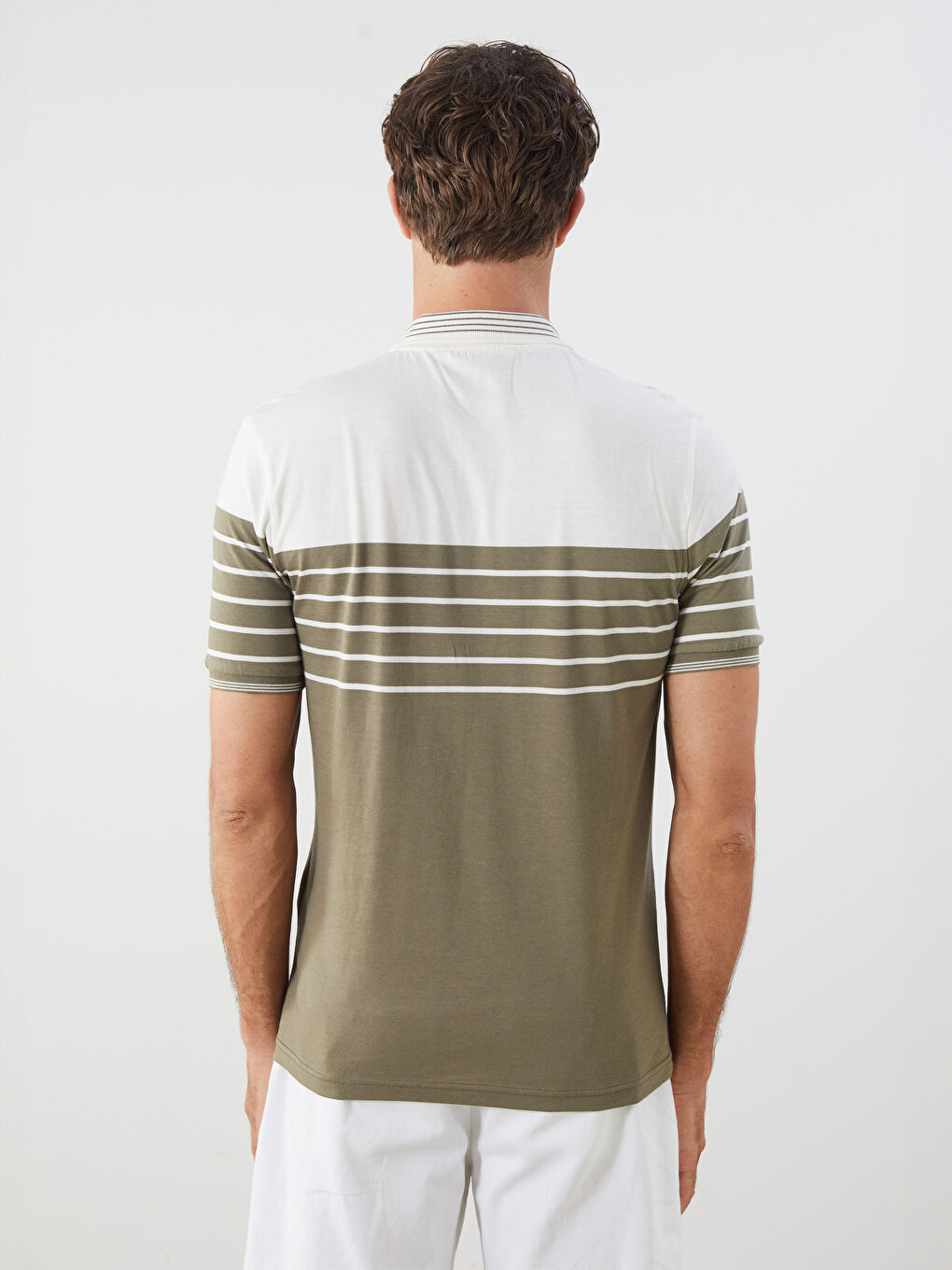 Haki Polo Yaka Çizgili Penye Erkek Tişört-3