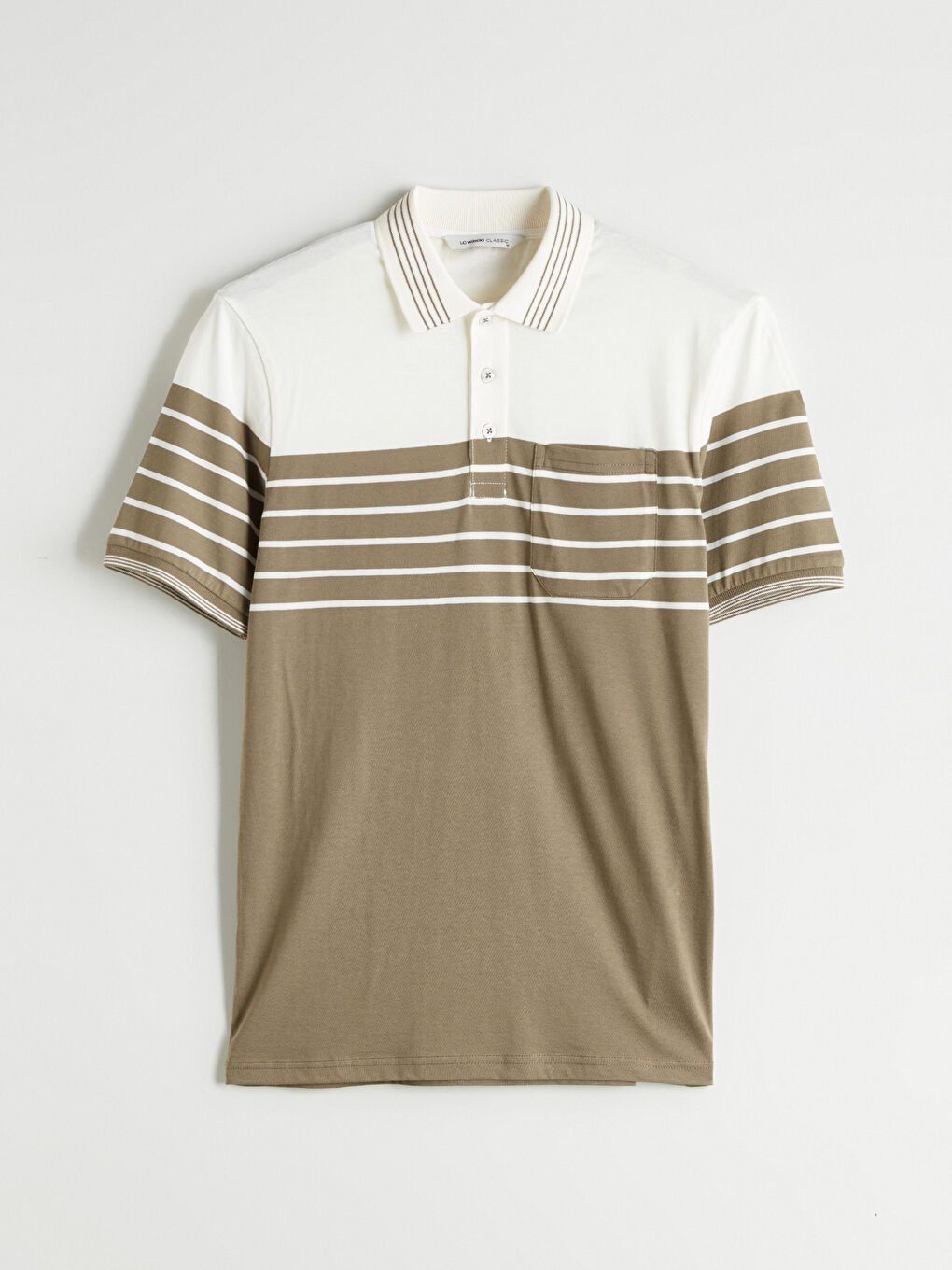 Haki Polo Yaka Çizgili Penye Erkek Tişört-4