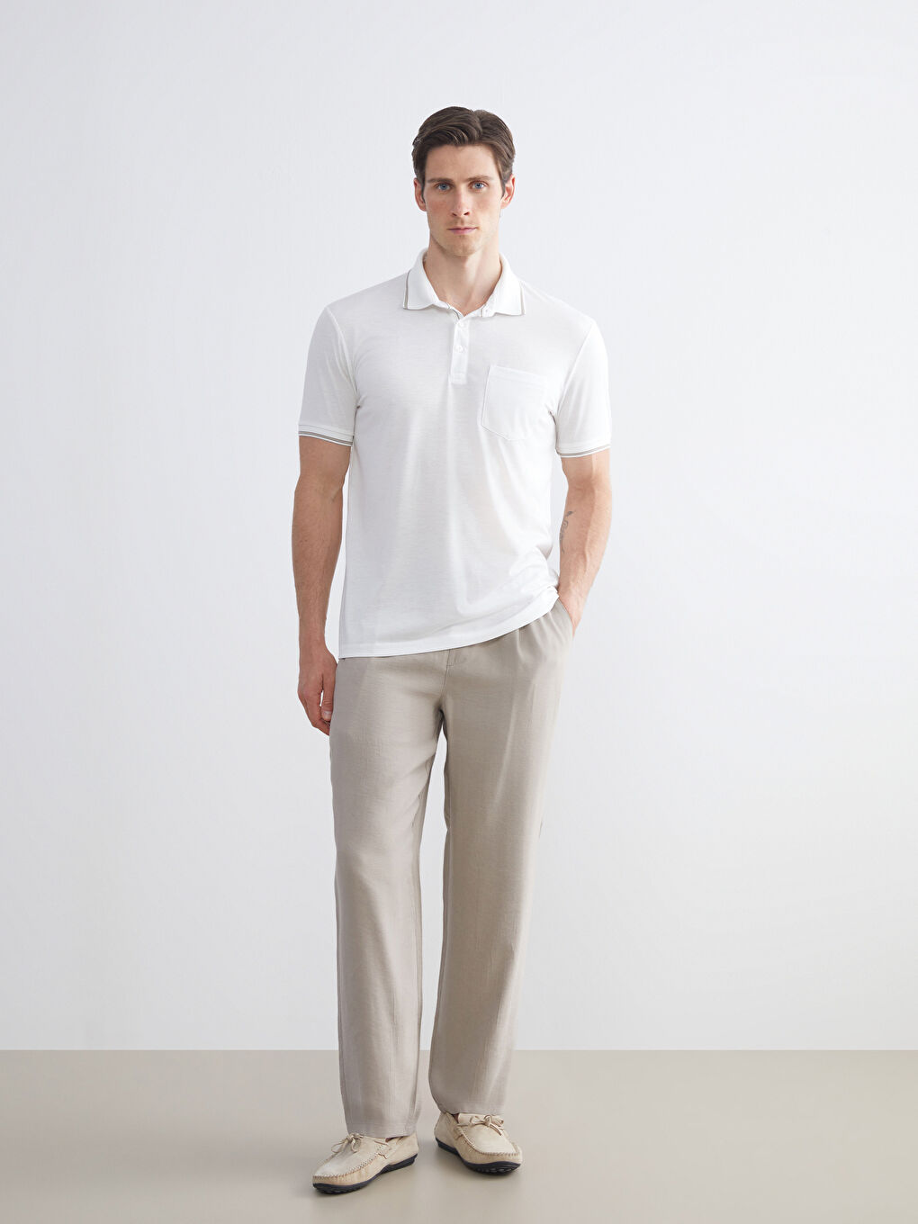 Ekru Polo Yaka Penye Erkek Tişört-1