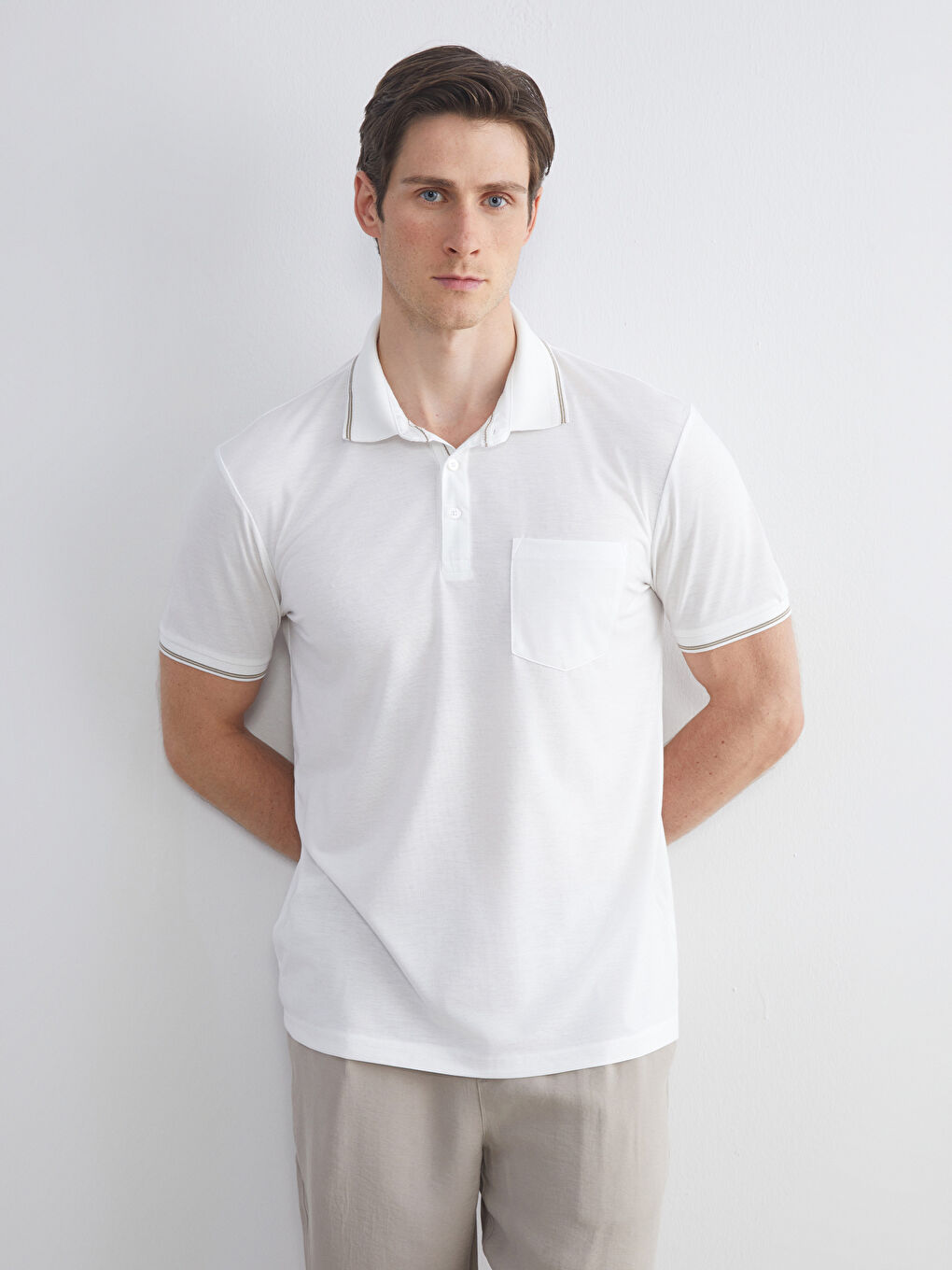 Ekru Polo Yaka Penye Erkek Tişört-2