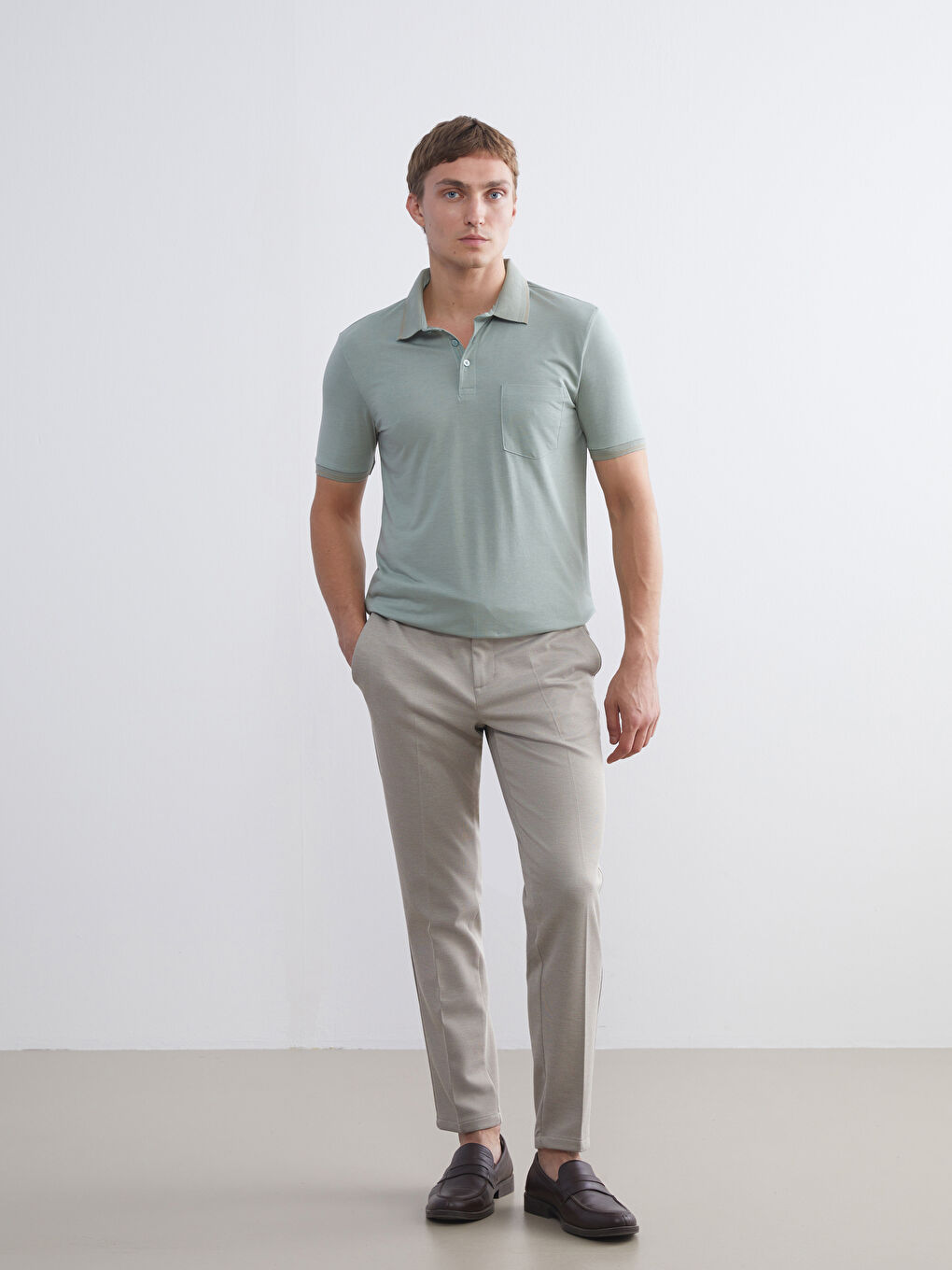 Yeşil Polo Yaka Penye Erkek Tişört-1