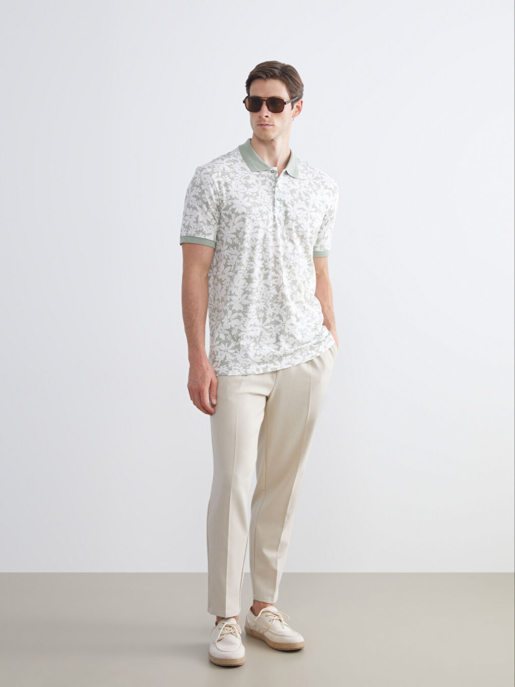 Yeşil Polo Yaka Desenli Penye Erkek Tişört-1