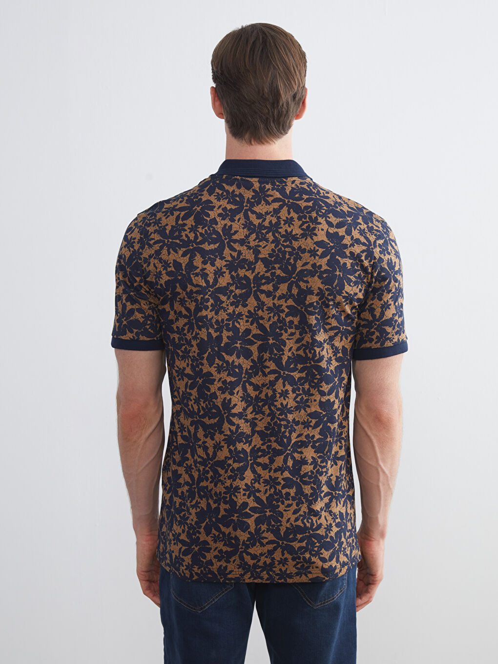 Kahverengi Polo Yaka Desenli Penye Erkek Tişört-3