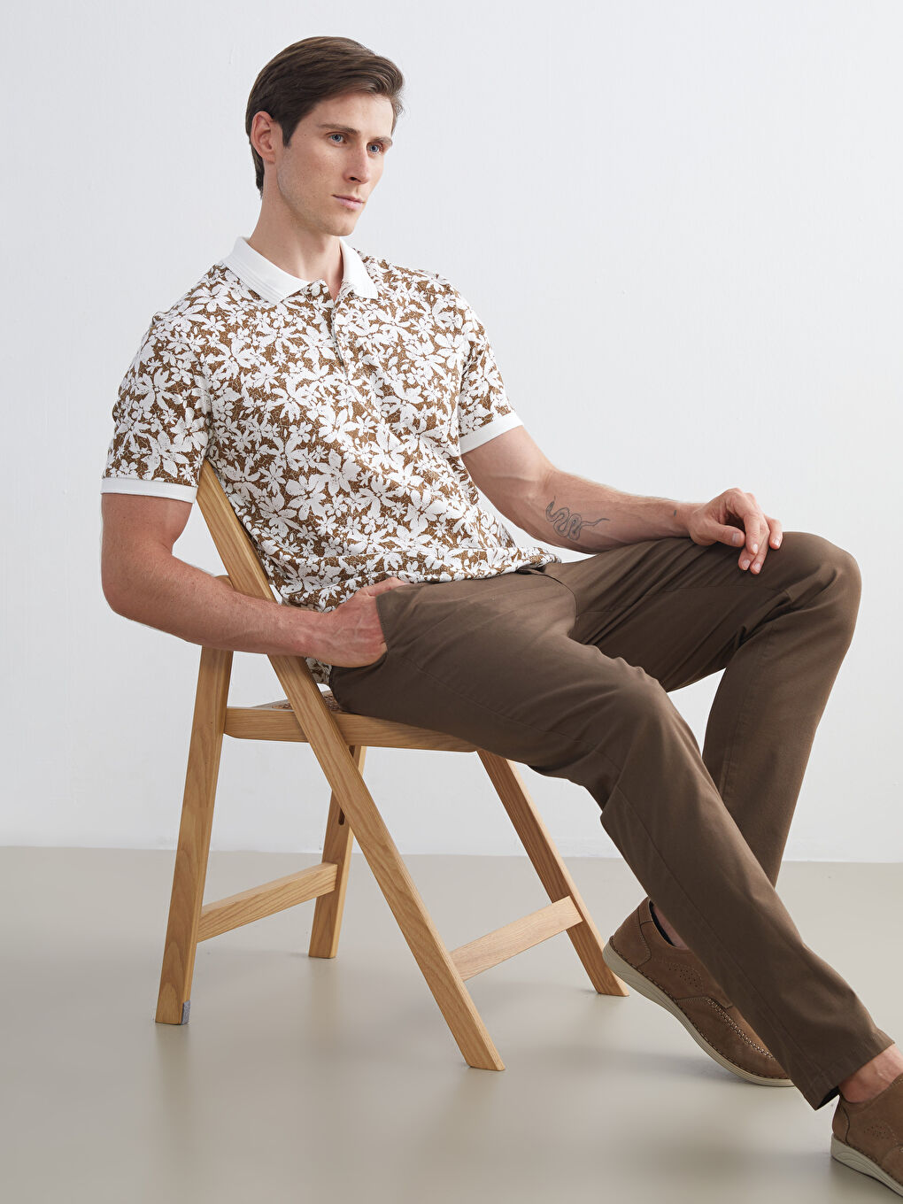 Ekru Polo Yaka Desenli Penye Erkek Tişört