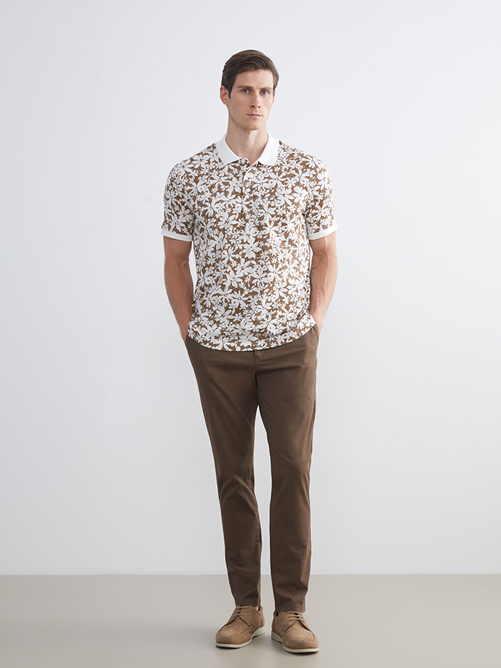 Ekru Polo Yaka Desenli Penye Erkek Tişört-1