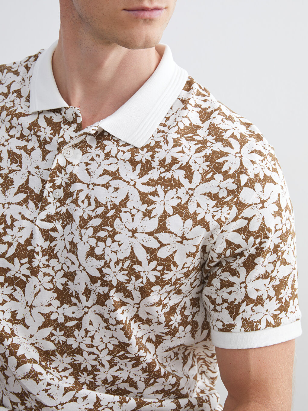 Ekru Polo Yaka Desenli Penye Erkek Tişört-2