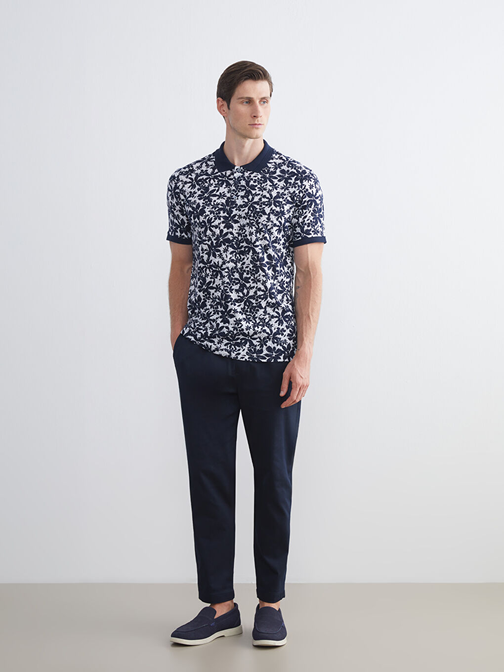 Lacivert Polo Yaka Desenli Penye Erkek Tişört-1