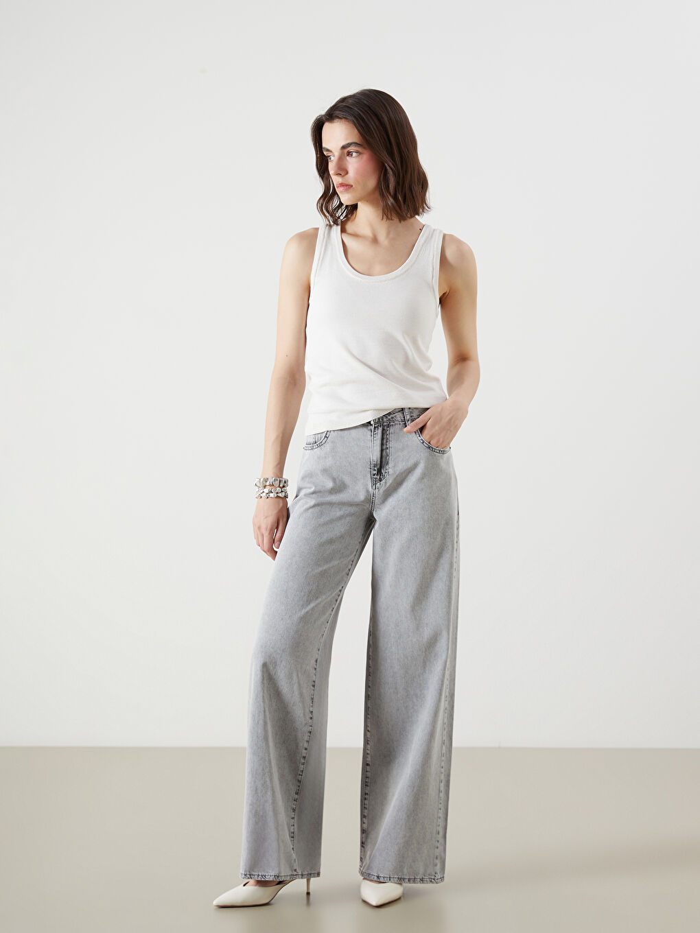 Gri Wideleg Kadın Jean Pantolon