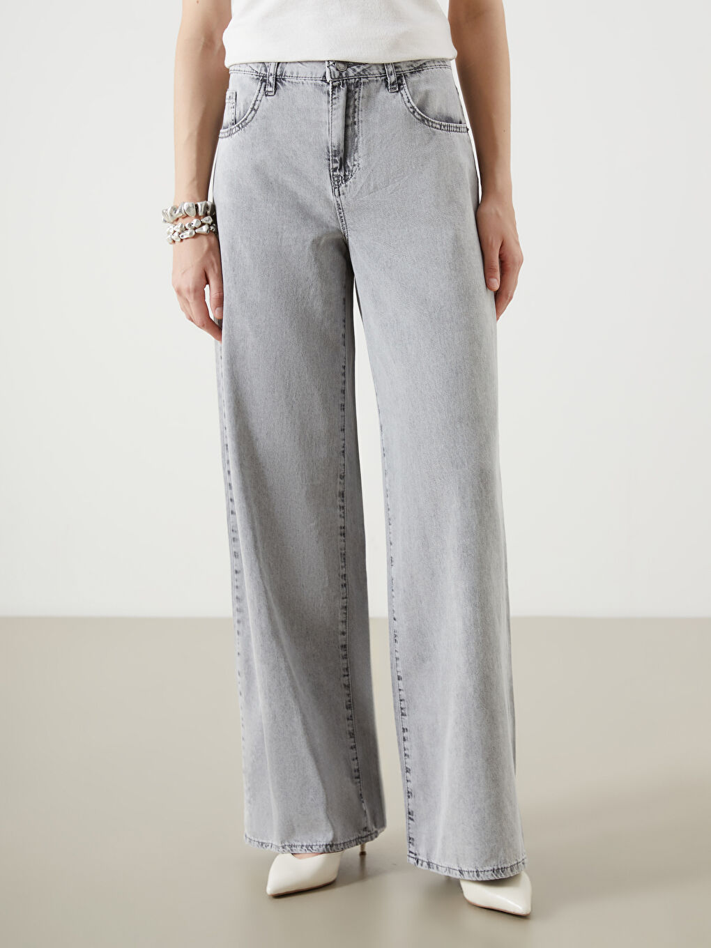 Gri Wideleg Kadın Jean Pantolon-1