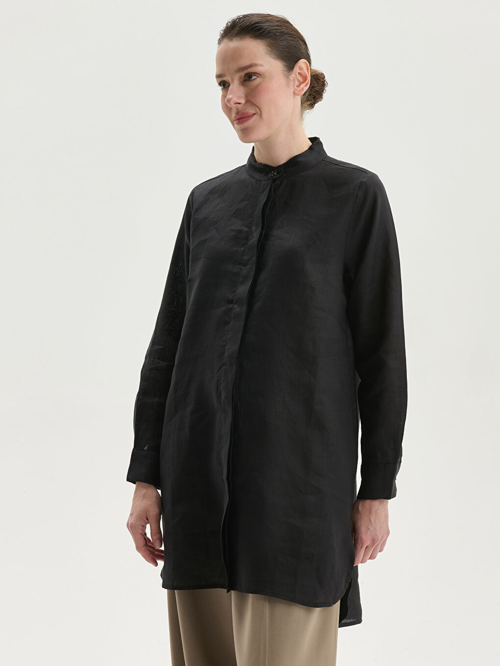 Grandad Collar Linen Women's Shirt Tunic -S5JG35Z8-CVL