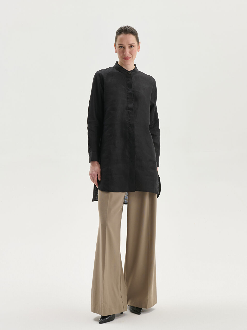 Grandad Collar Linen Women's Shirt Tunic -S5JG35Z8-CVL
