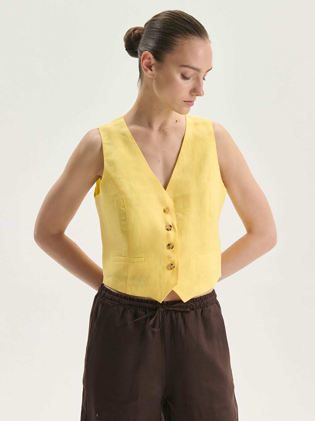 V Neck Linen Crop Women's Classic Waistcoat -S5JG42Z8-FTT