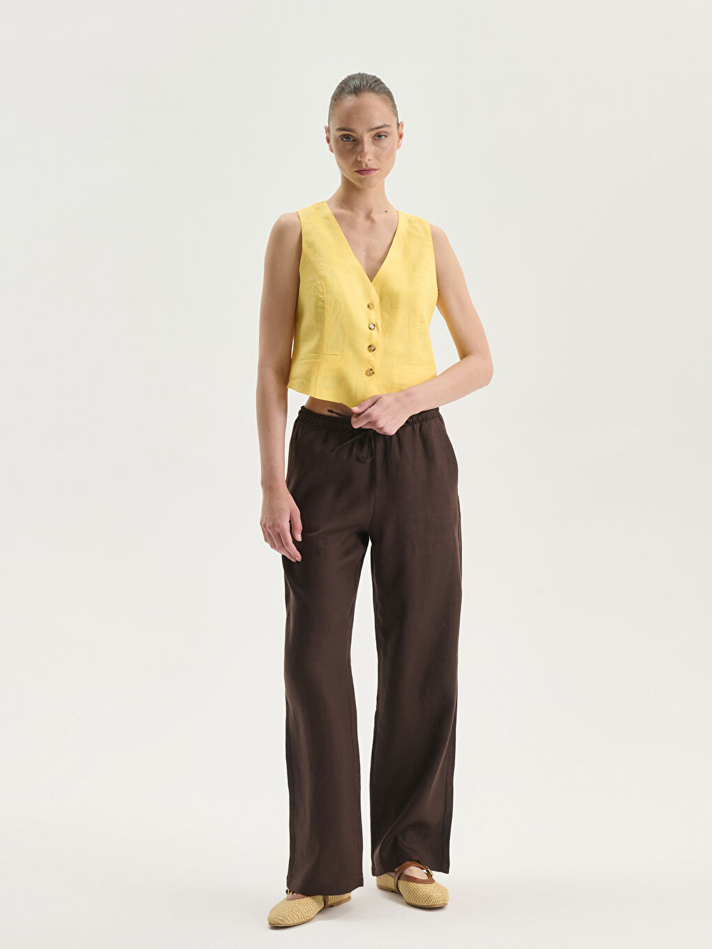 V Neck Linen Crop Women's Classic Waistcoat -S5JG42Z8-FTT