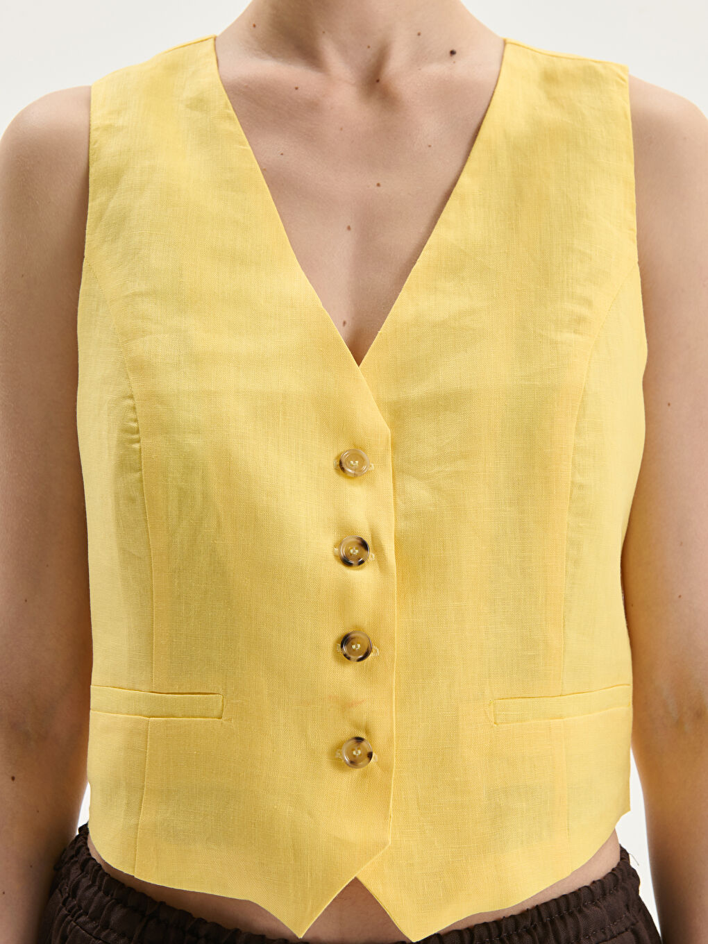 V Neck Linen Crop Women's Classic Waistcoat -S5JG42Z8-FTT