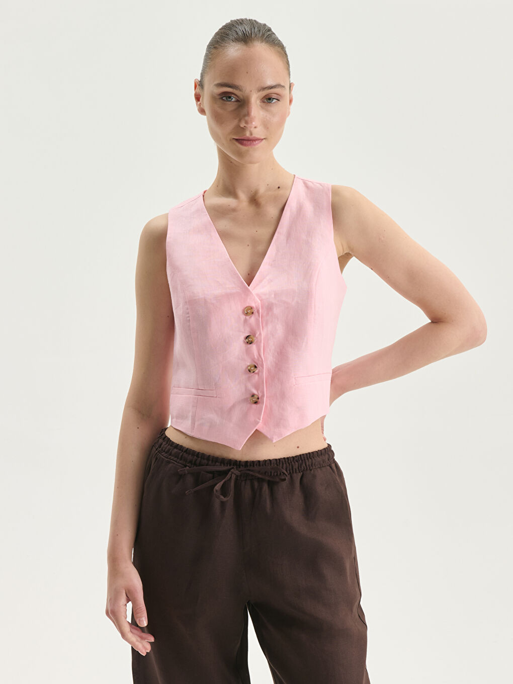 V Neck Linen Crop Women's Classic Waistcoat -S5JG42Z8-QX9