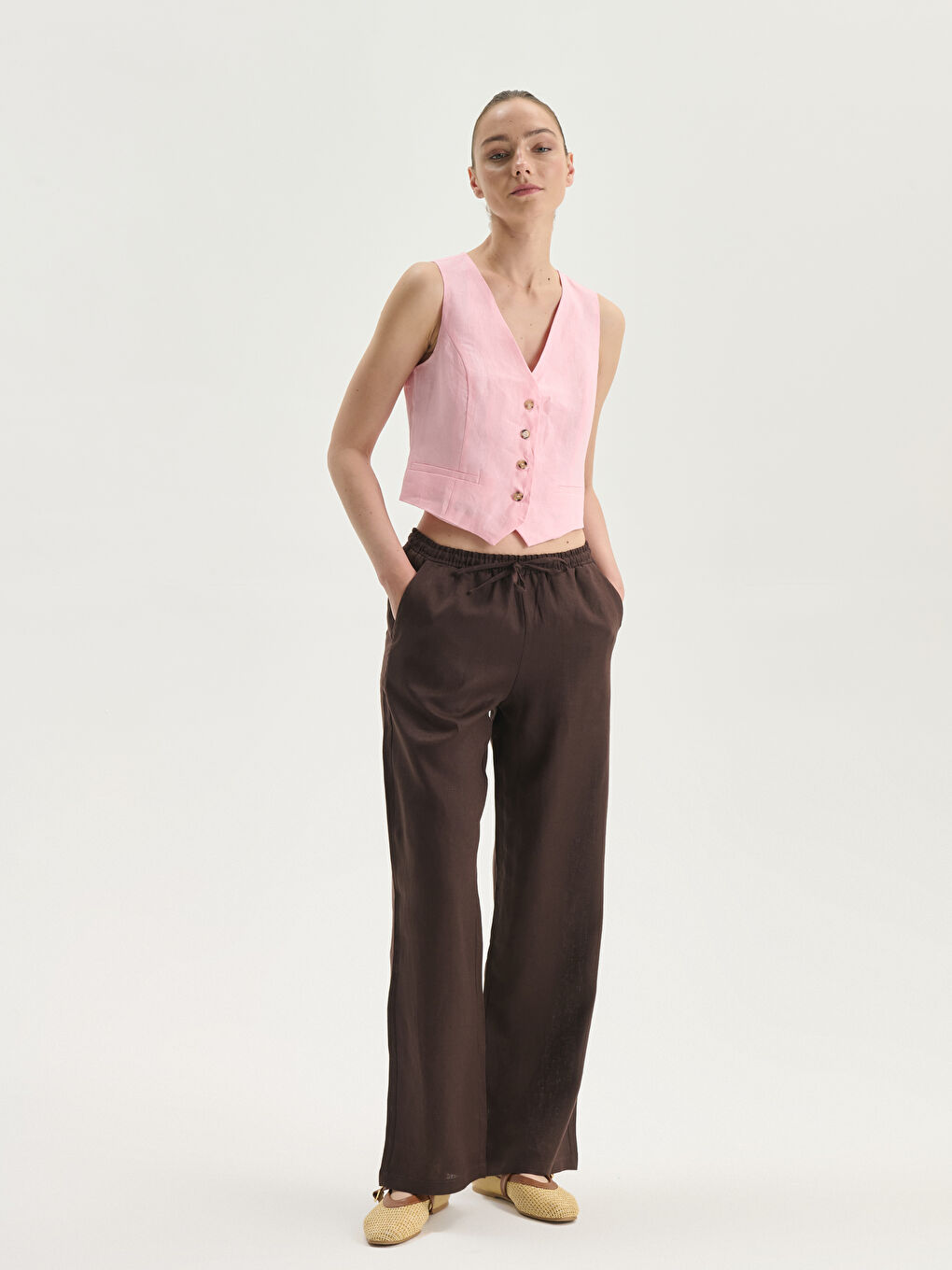 V Neck Linen Crop Women's Classic Waistcoat -S5JG42Z8-QX9