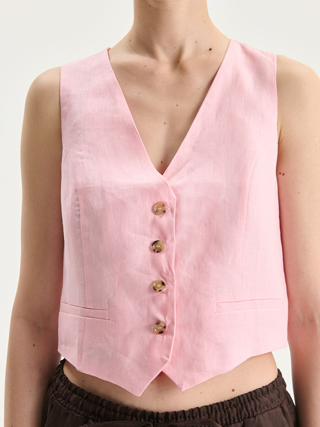 V Neck Linen Crop Women's Classic Waistcoat -S5JG42Z8-QX9