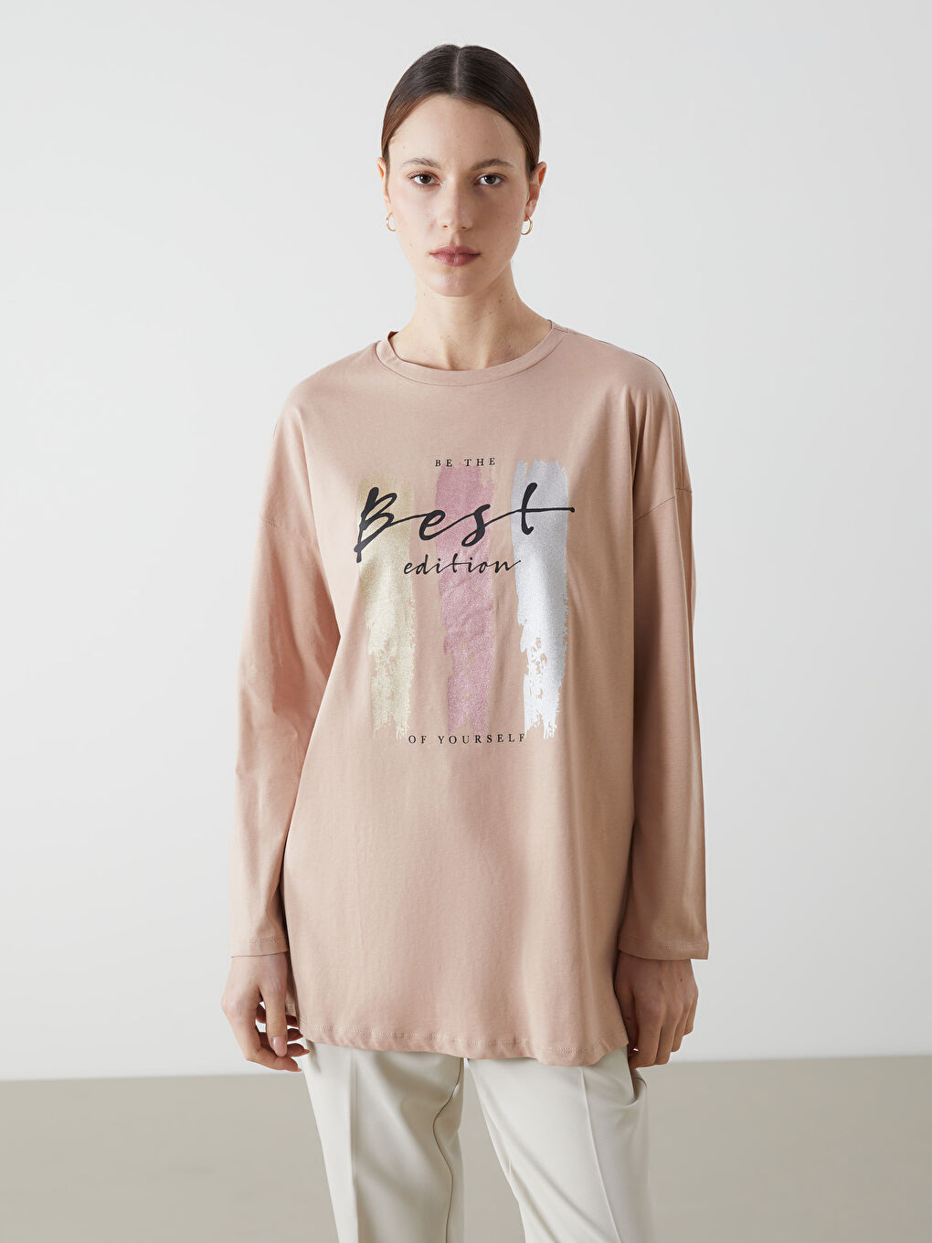 Kahverengi Bisiklet Yaka Baskılı Kadın Tunik