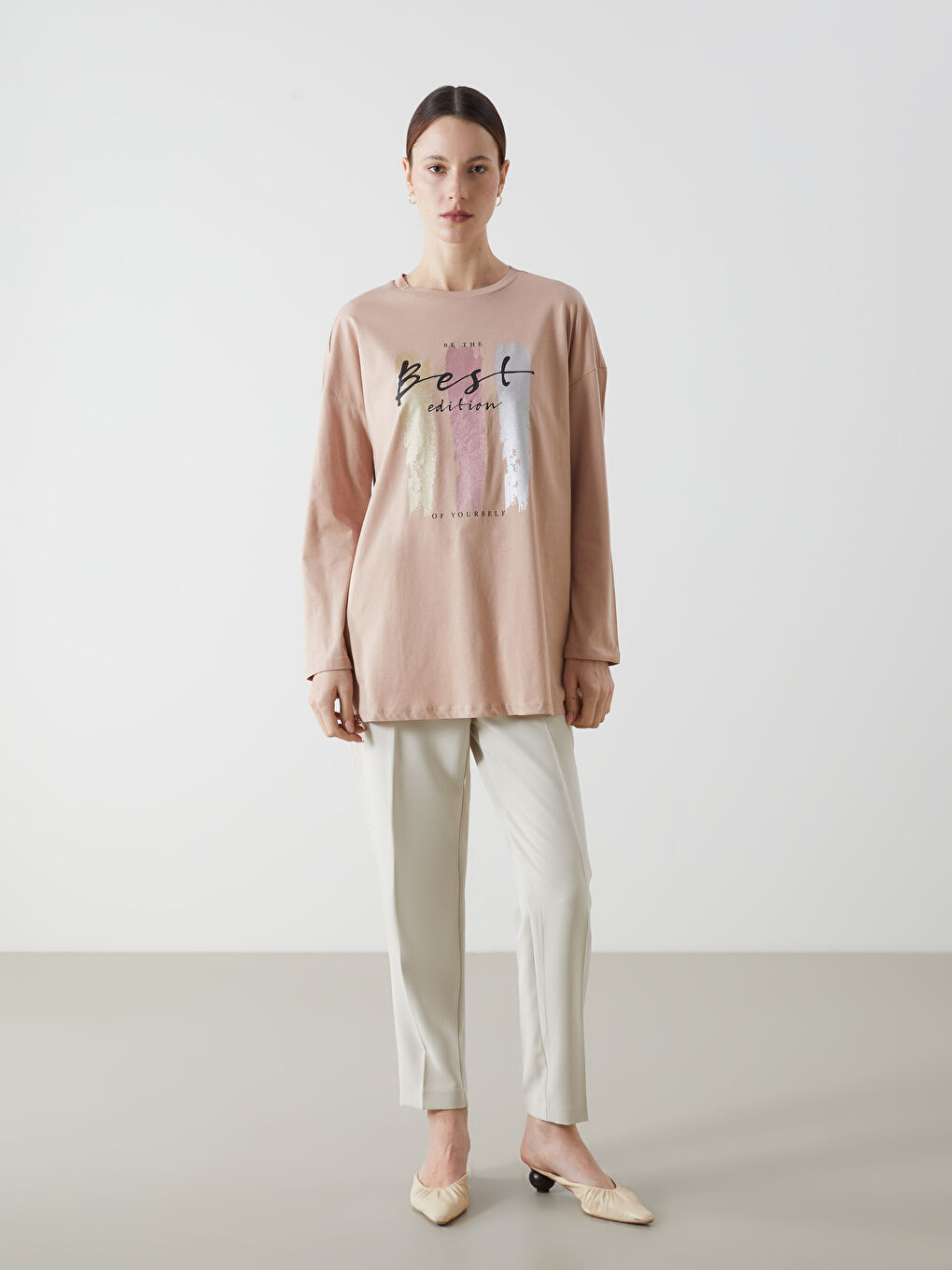 Kahverengi Bisiklet Yaka Baskılı Kadın Tunik-1