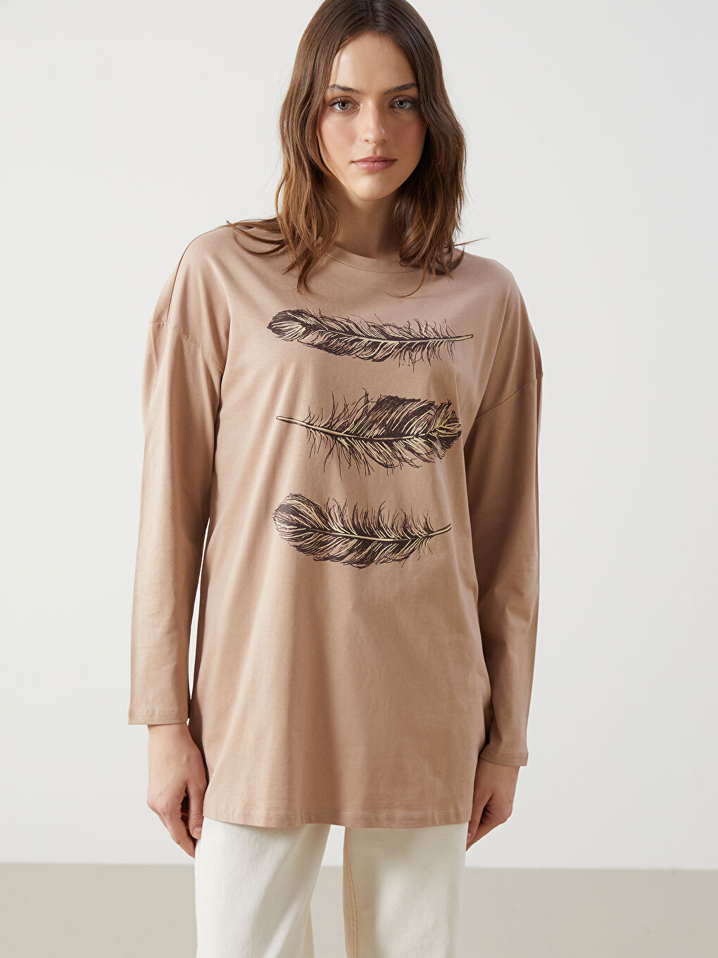 Kahverengi Bisiklet Yaka Desenli Kadın Tunik