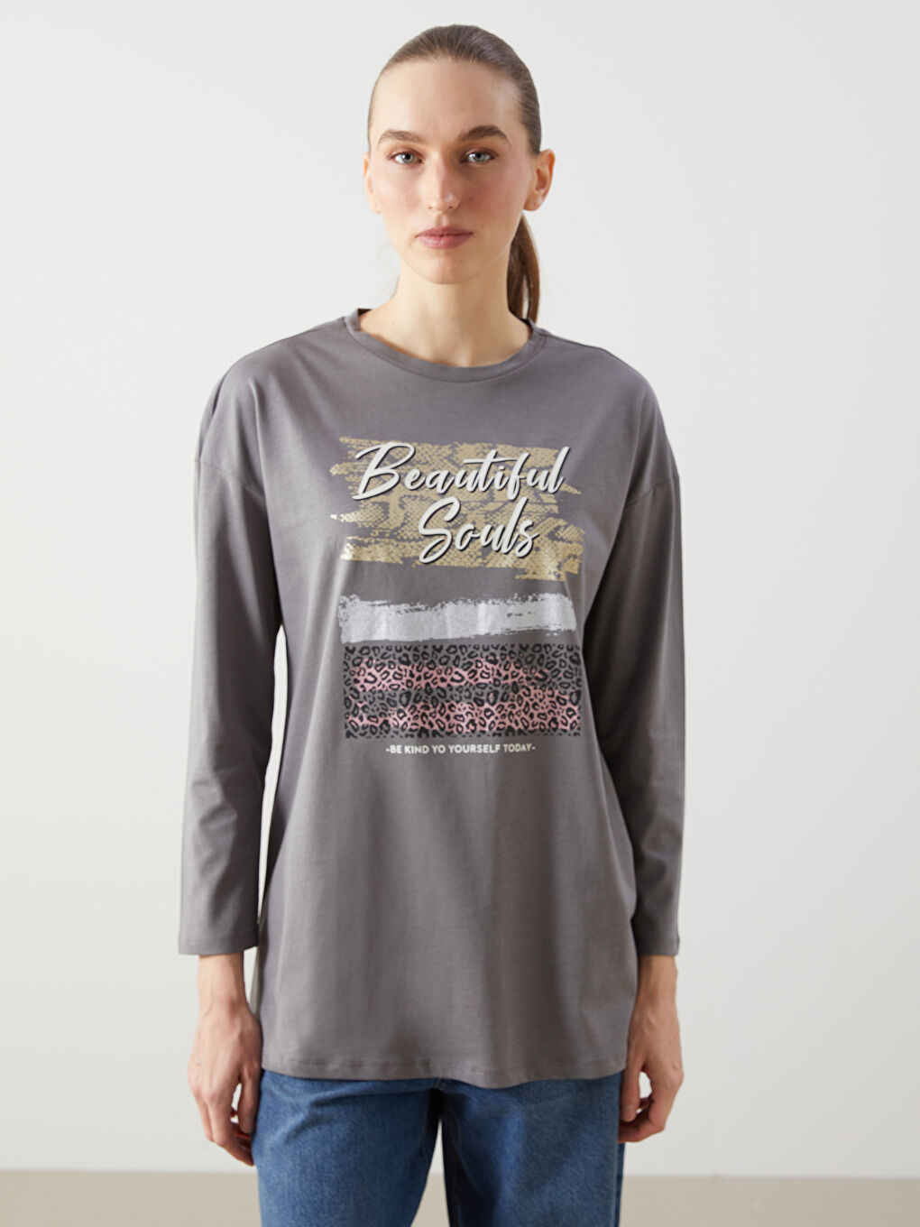 Gri Bisiklet Yaka Baskılı Kadın Tunik