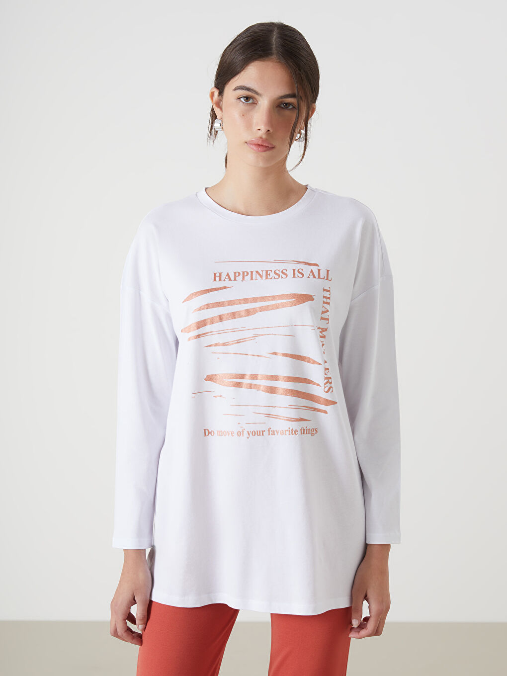 Beyaz Bisiklet Yaka Baskılı Kadın Tunik