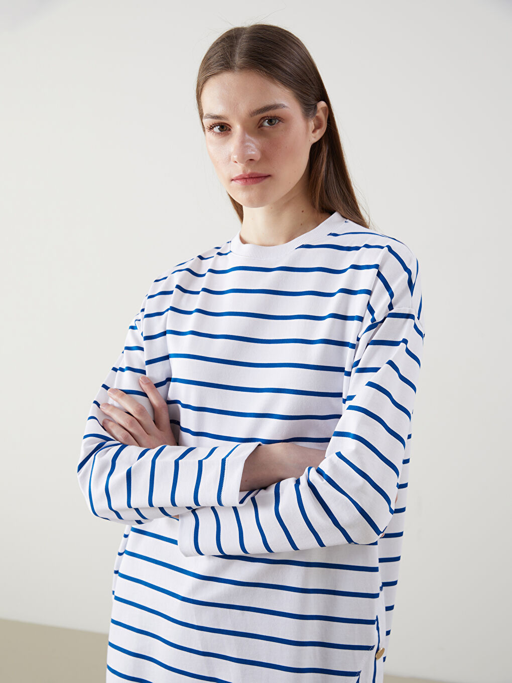 LCW Modest Crew Neck Striped Women's Sweatshirt Tunic -S5JG82Z8-LEN