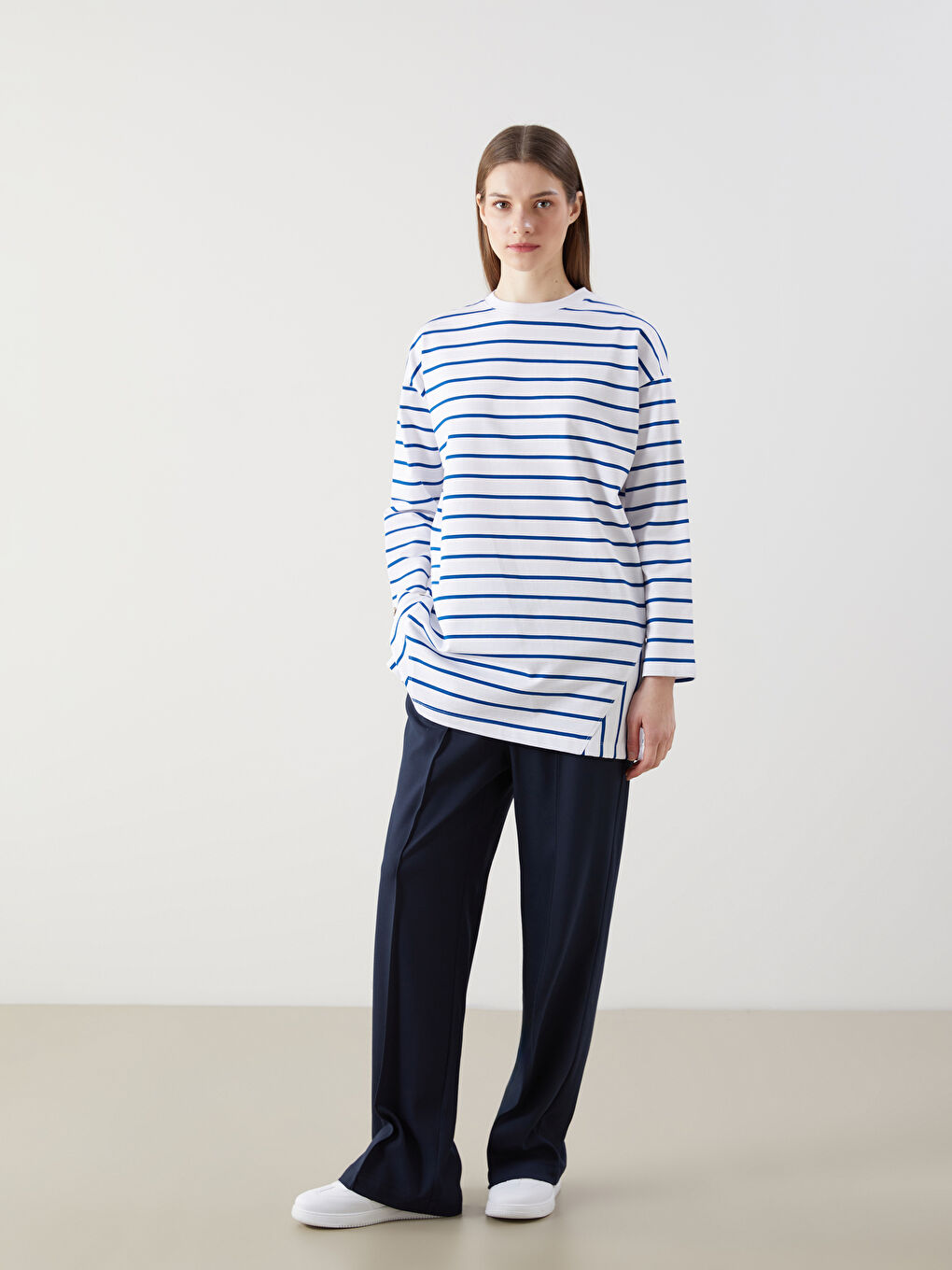 LCW Modest Crew Neck Striped Women's Sweatshirt Tunic -S5JG82Z8-LEN