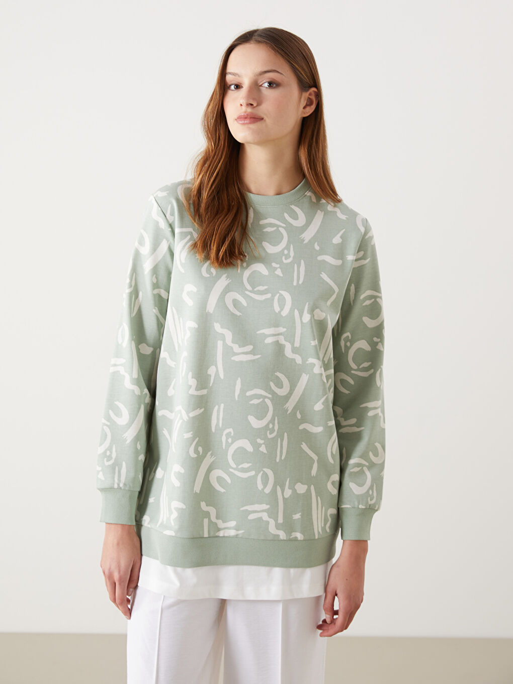 LCW Modest Yeşil Bisiklet Yaka Desenli Kadın Sweatshirt Tunik