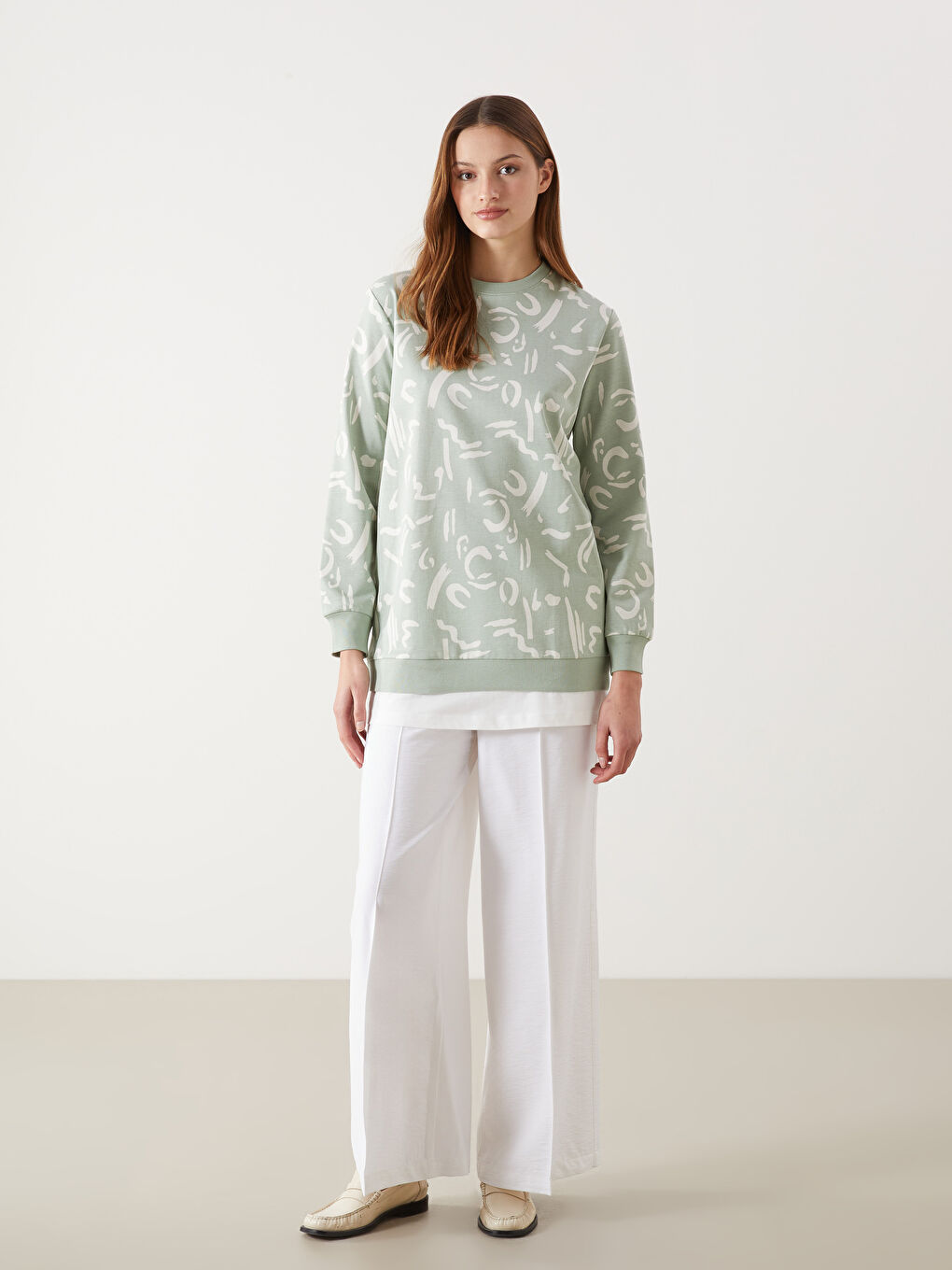 LCW Modest Yeşil Bisiklet Yaka Desenli Kadın Sweatshirt Tunik - 1