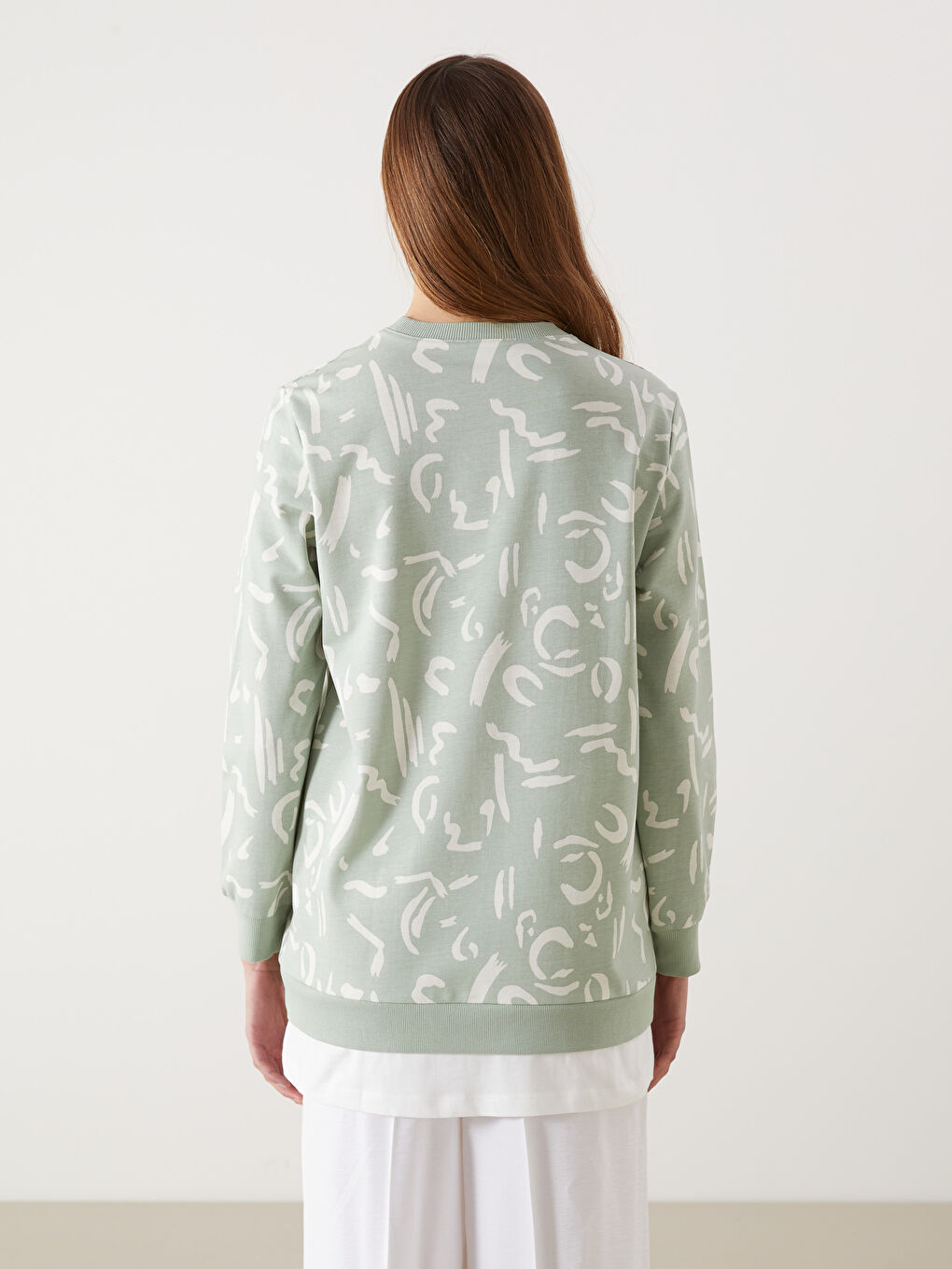 LCW Modest Yeşil Bisiklet Yaka Desenli Kadın Sweatshirt Tunik - 3