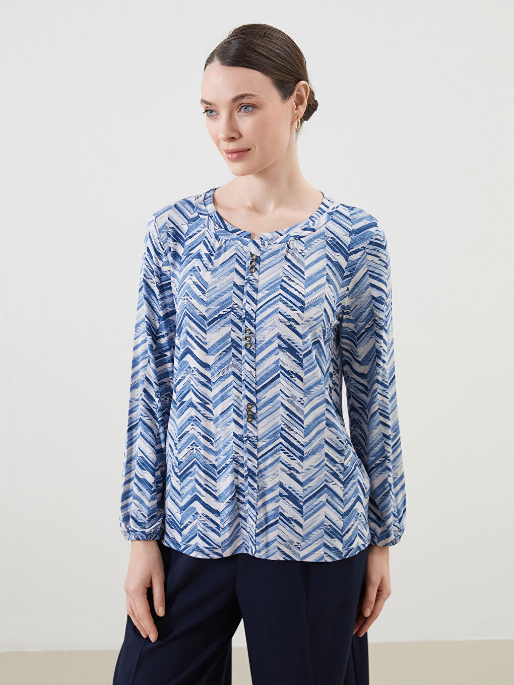 Crew Neck Patterned Women's Blouse -S5JH12Z8-LSJ