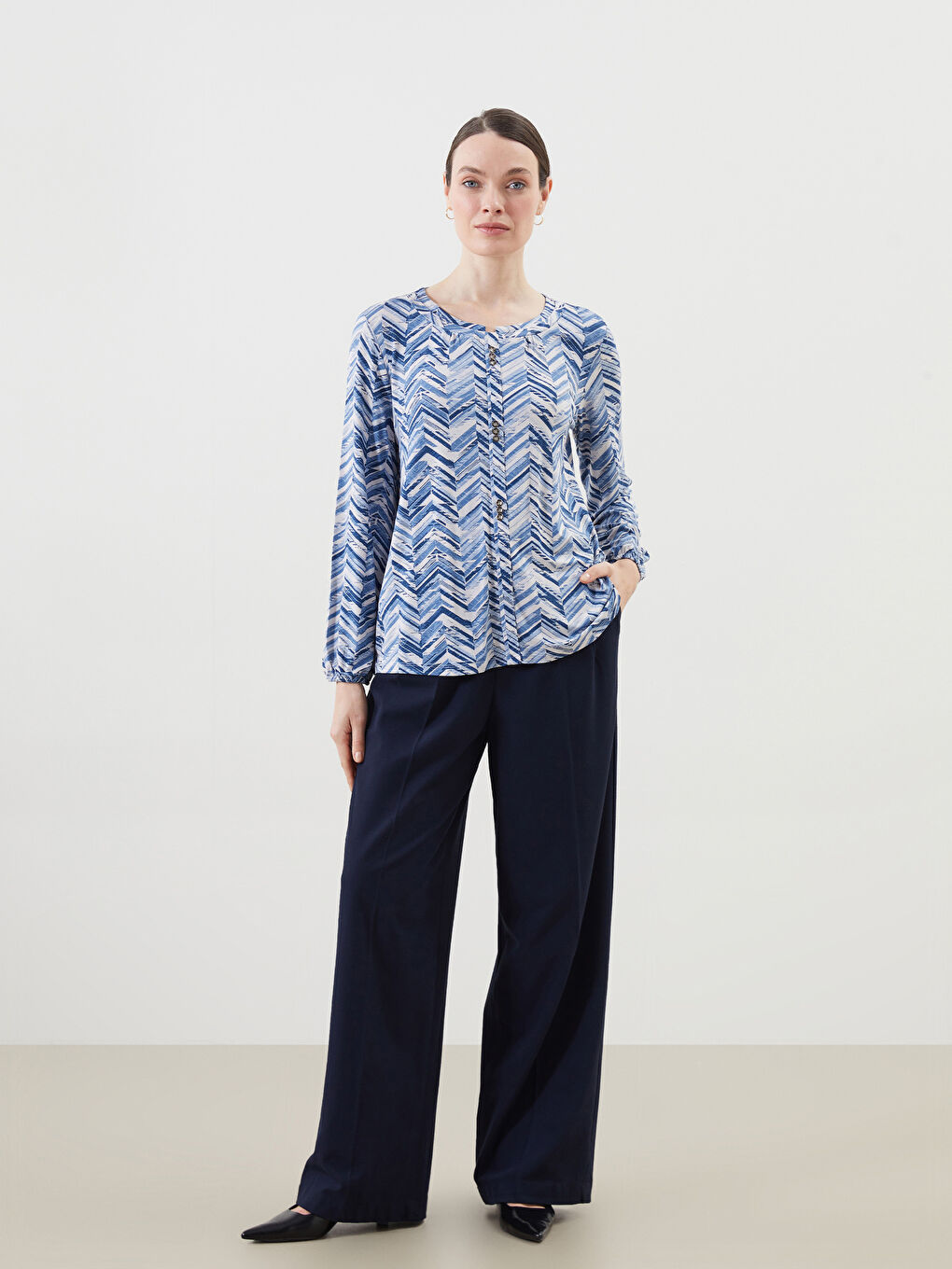 Crew Neck Patterned Women's Blouse -S5JH12Z8-LSJ