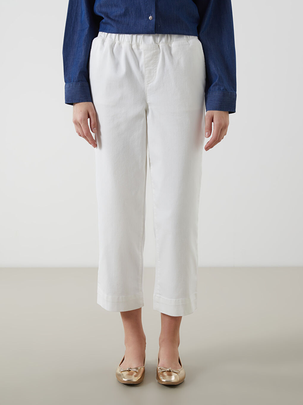 Ekru Beli Lastikli Wideleg Kadın Jean Pantolon-1