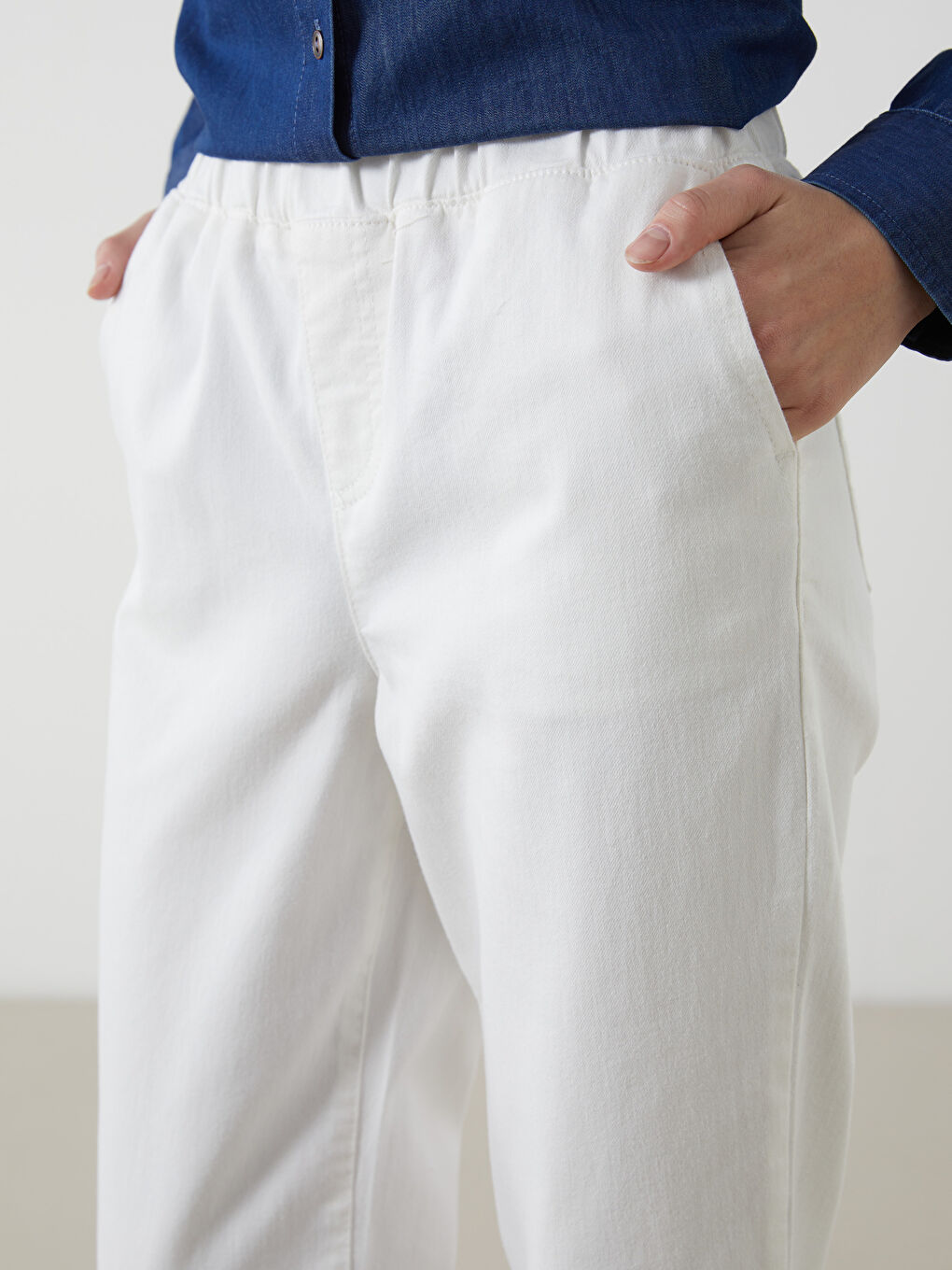 Ekru Beli Lastikli Wideleg Kadın Jean Pantolon-2