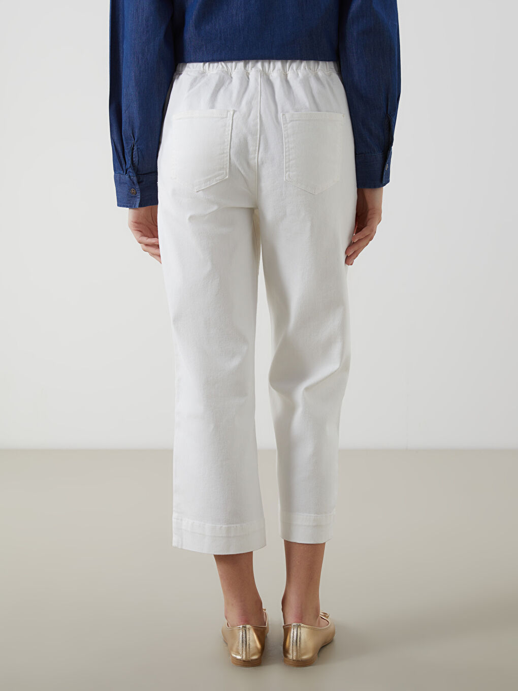 Ekru Beli Lastikli Wideleg Kadın Jean Pantolon-3