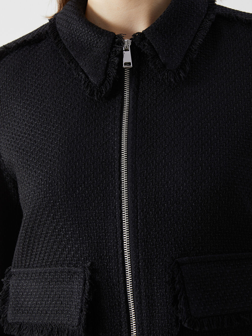 Siyah Gömlek Yaka Crop Kadın Tüvit Ceket-2