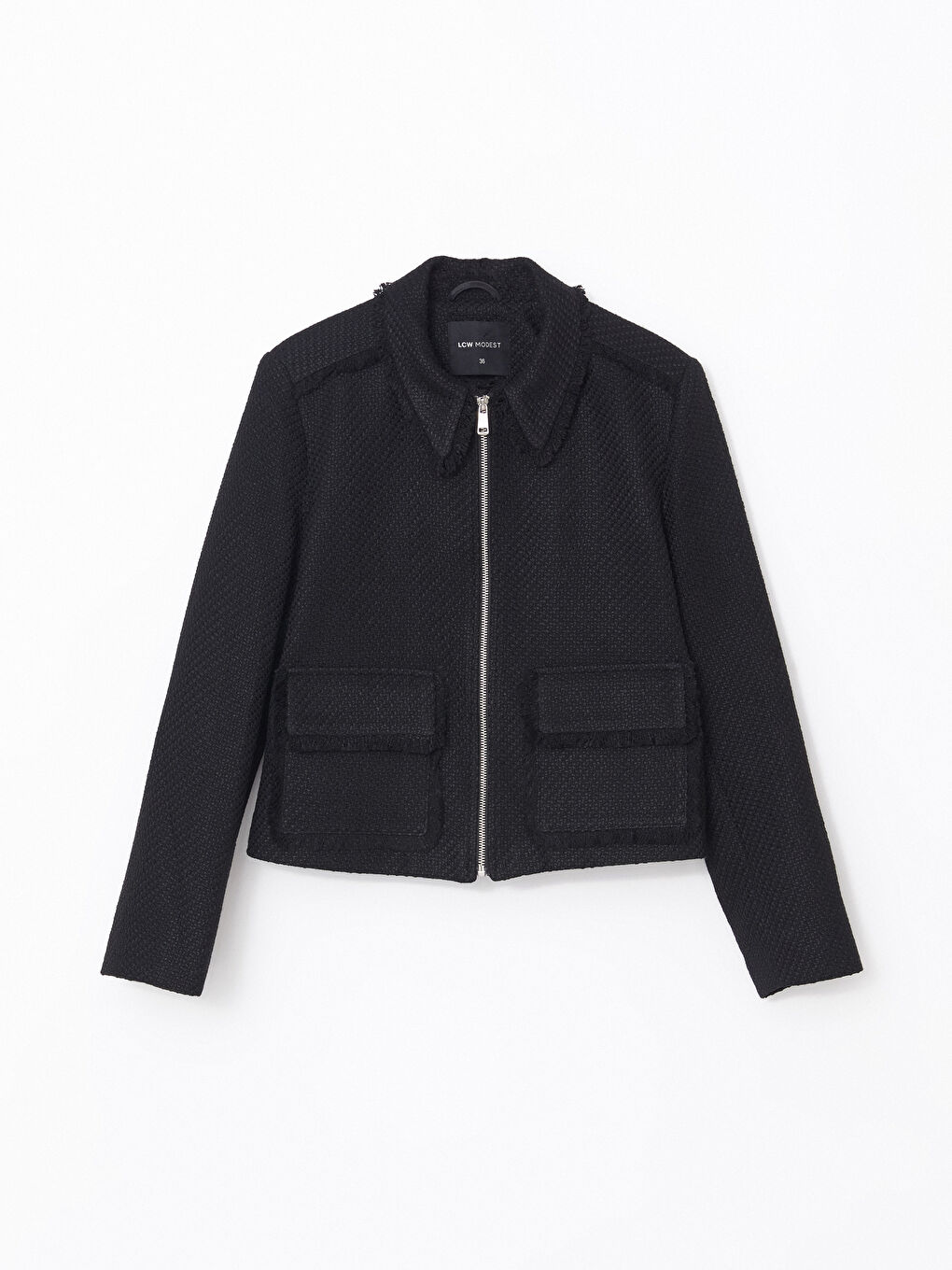 Siyah Gömlek Yaka Crop Kadın Tüvit Ceket-4