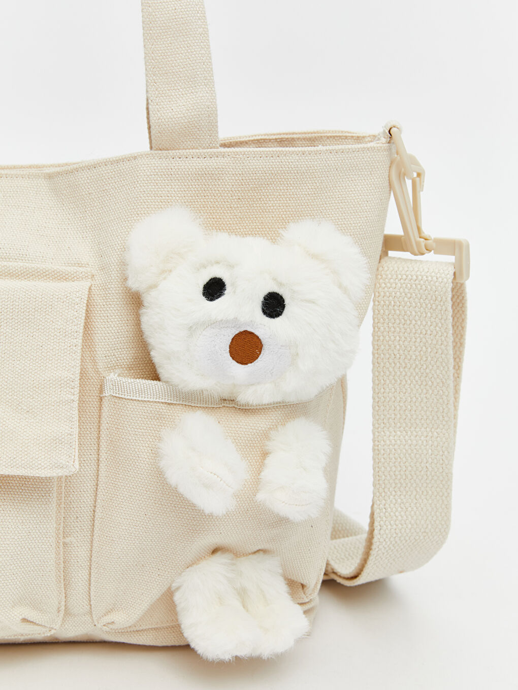 Ekru Pelüş Oyuncak Detaylı Kız Çocuk Omuz Çantası-1