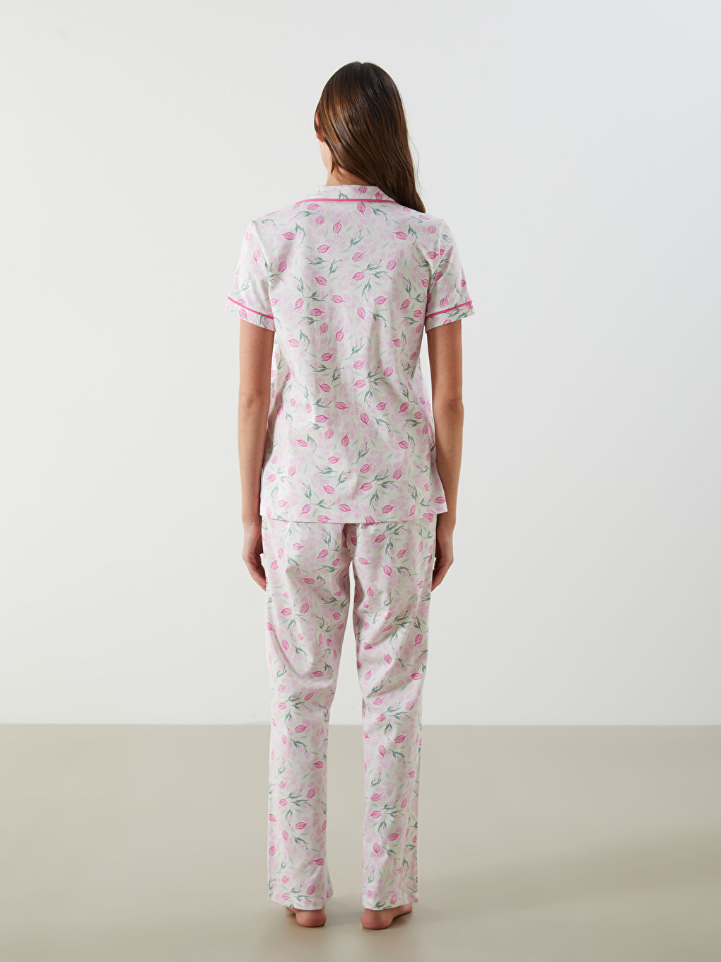 LCW DREAM Ekru Gömlek Yaka Çiçekli Kadın Pijama Takım - 3