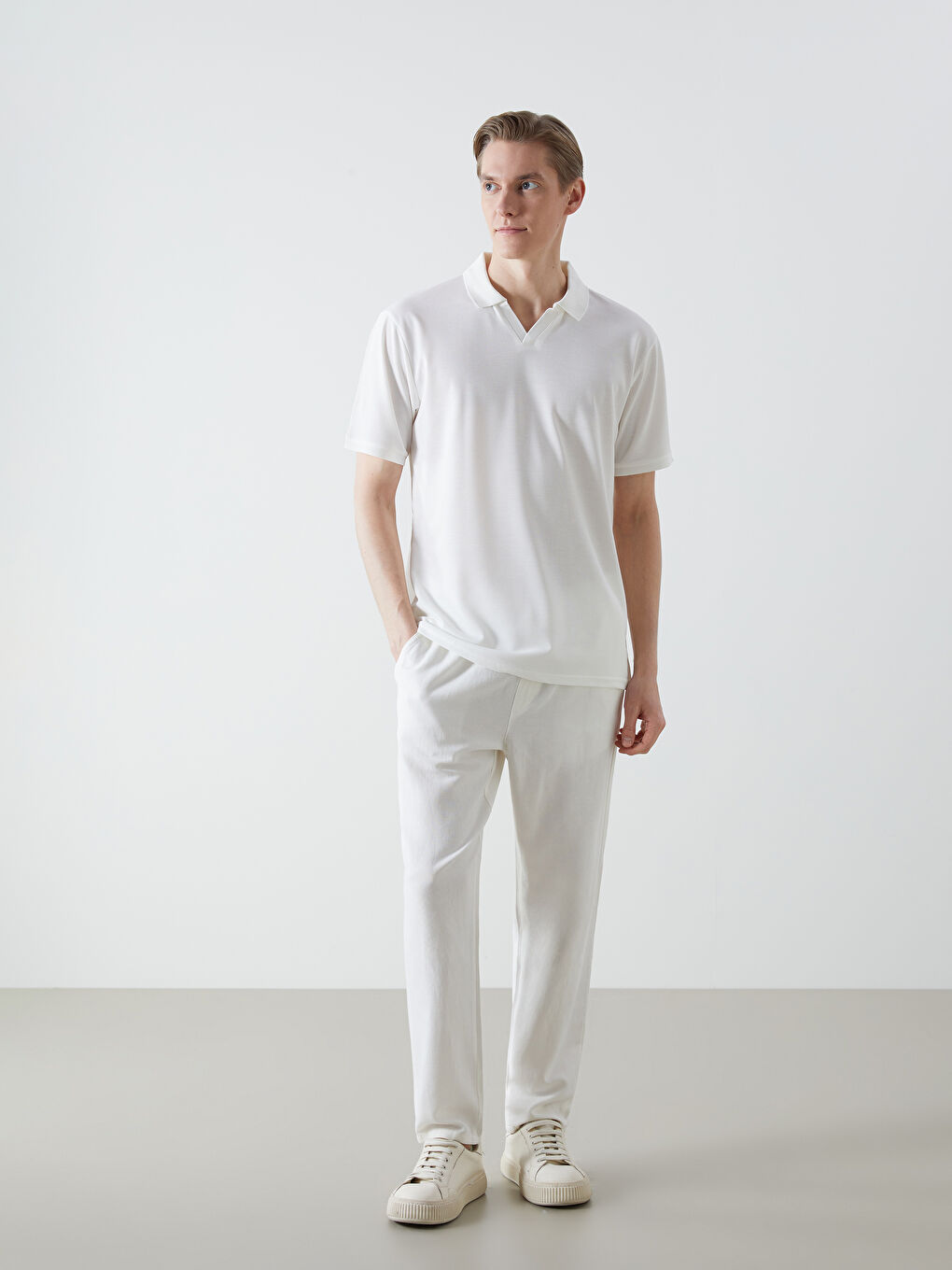 Ekru Polo Yaka Kısa Kollu Erkek Tişört-1