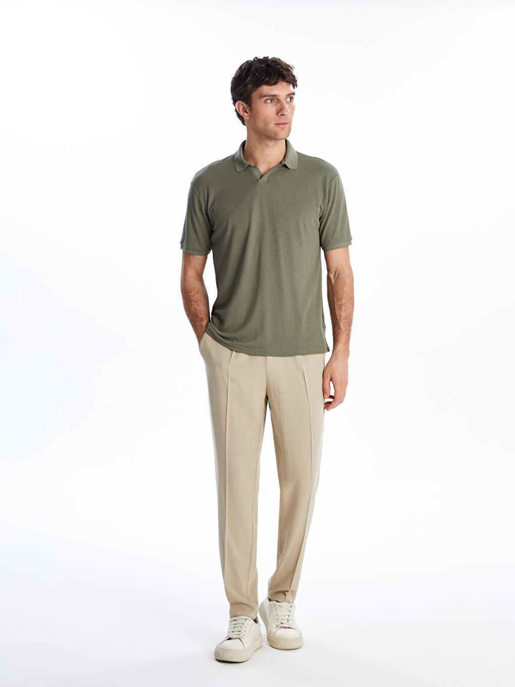 Haki Polo Yaka Kısa Kollu Erkek Tişört-1