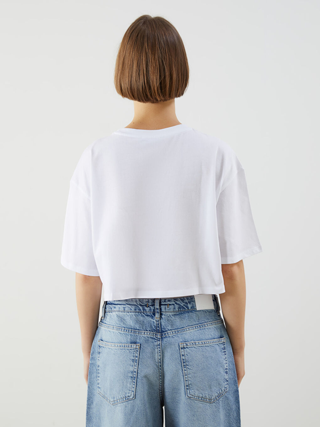 Кроп з круглим вирізом, простий, короткий рукав для жінок-3