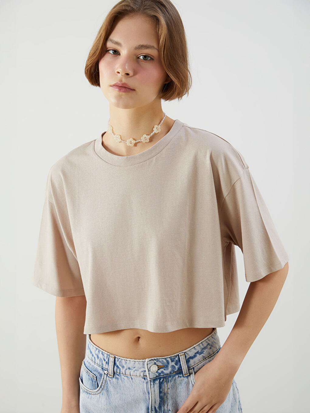 XSIDE Crew Neck Plain Short Sleeve Women's Crop -S5JK84Z8-VVB